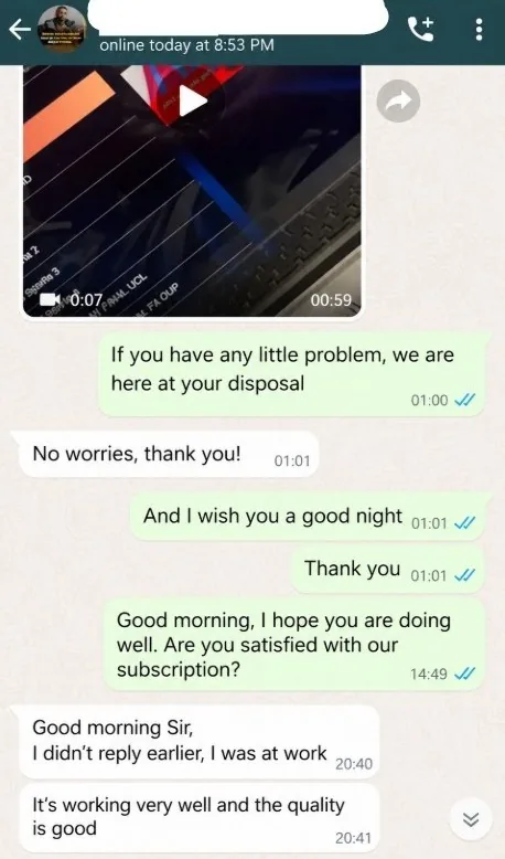 WhatsApp review from a NeoCasterTV customer