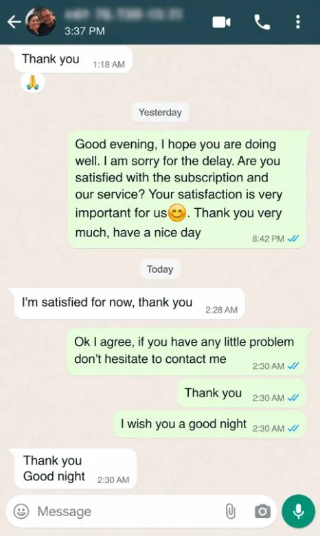WhatsApp review from a NeoCasterTV customer