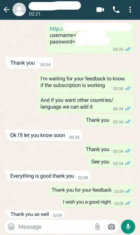 WhatsApp review from a NeoCasterTV customer