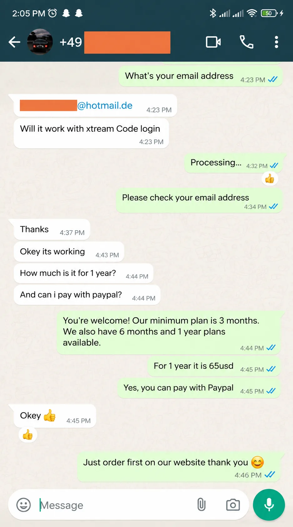 WhatsApp review from a NeoCasterTV customer